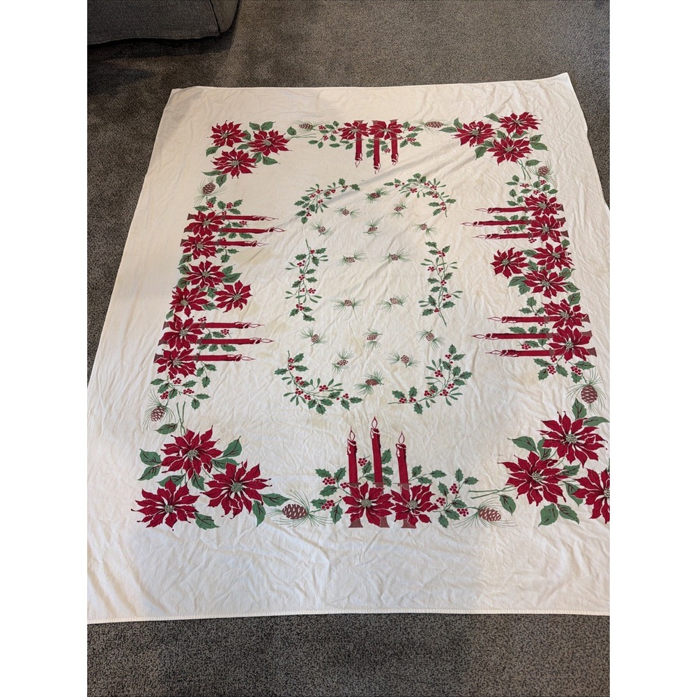 Vtg MCM Christmas Tablecloth Candles Poinsettias 57" By 67" Some Stains